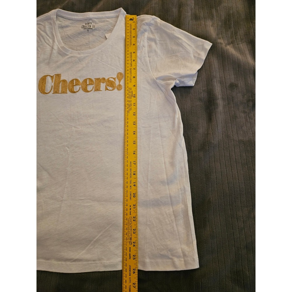 J.Crew Collector Tee White Gold Glitter Cheers Graphic T-Shirt Large NEW - Picture 3 of 8